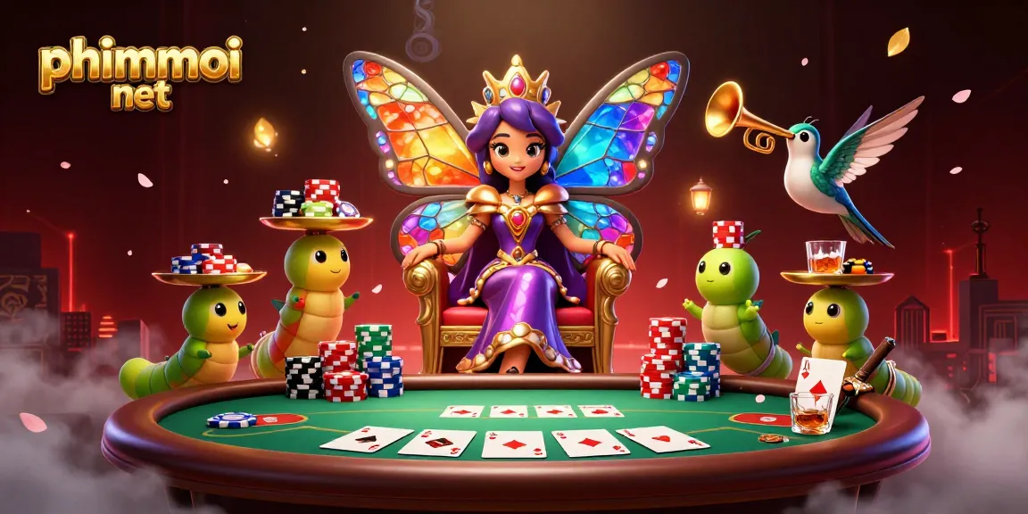Engage in the vibrant world of phimmoi net with a butterfly queen at a lively poker table.