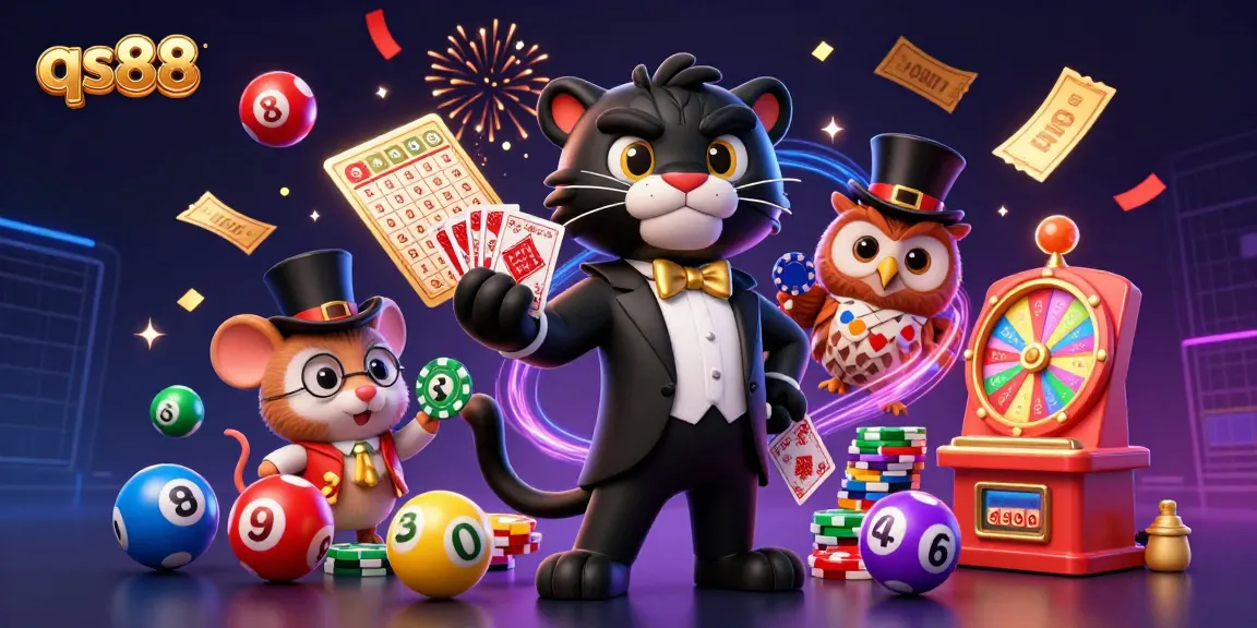 Engage with thrilling gameplay at qs88 while a stylish panther deals cards amidst vibrant lottery elements.