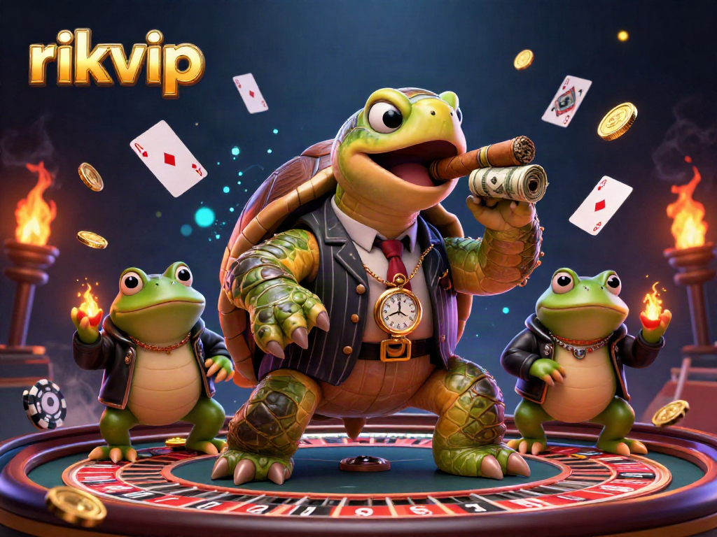 Experience the excitement of rikvip with a vibrant casino scene featuring a mobster turtle and bullfrog enforcers.