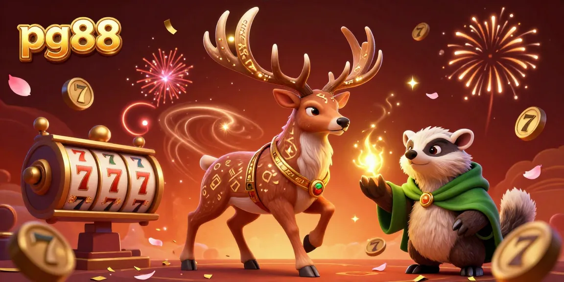 Experience top-tier gambling with pg88 through an enchanting 3D illustration of a druid stag and gaming elements.