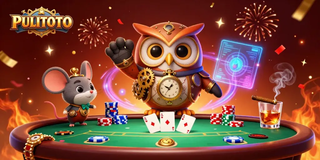 PULITOTO engaging players at a dynamic poker table in a colorful 3D casino scene.