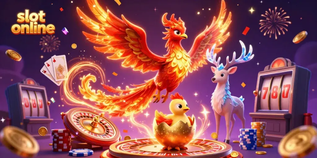 Menggambar pengalaman bermain slot online dengan karakter phoenix dan stag, serta elemen kasino menarik.