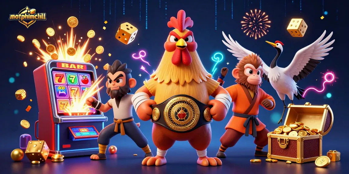 Experience excitement with motphimchill as the rooster, monkey, and crane celebrate winning at a vibrant casino.