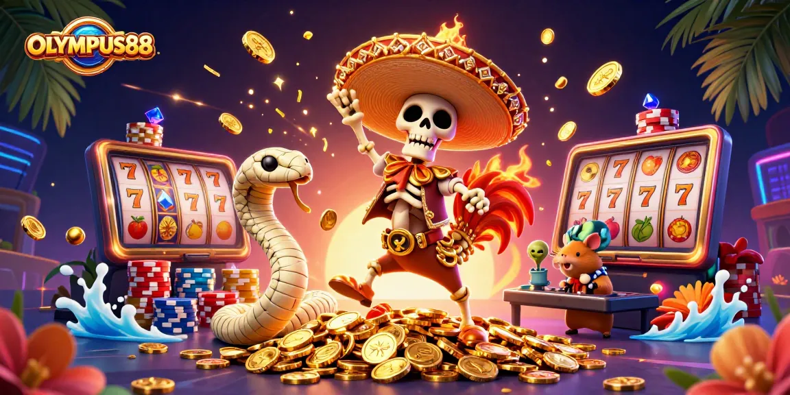 OLYMPUS88 menampilkan karakter kasino dan slot yang menarik dalam ilustrasi 3D yang memukau.