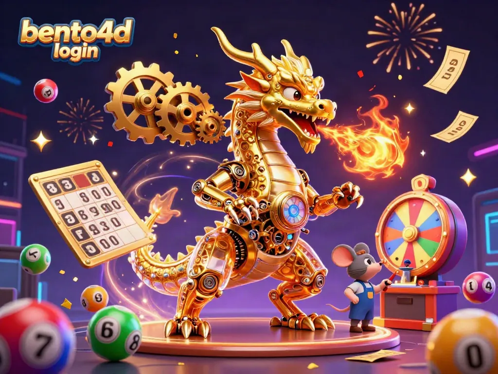 Engage in bento4d login action with a dynamic golden dragon, engineer, and vibrant gaming elements.