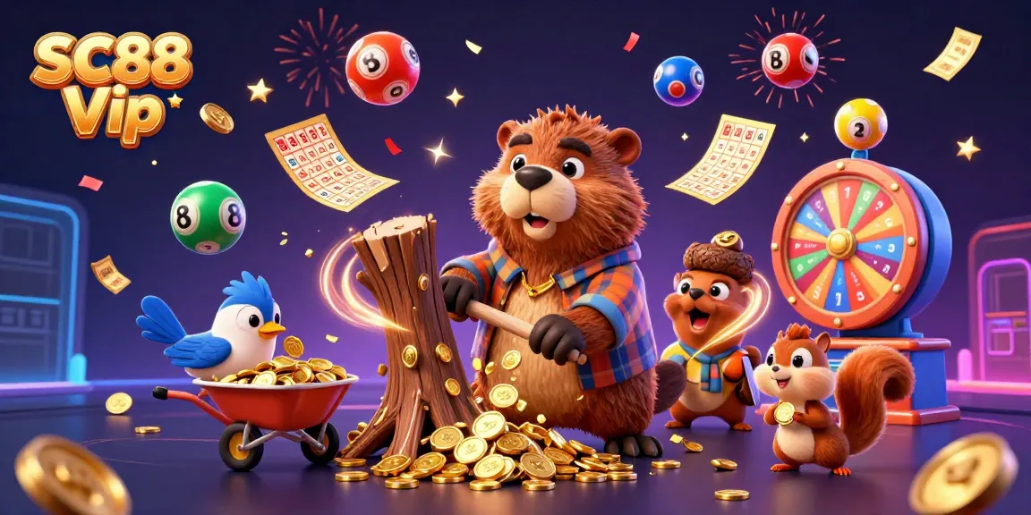 Join the excitement at SC88 Vip, where a playful beaver chops a tree raining coins, amid vibrant casino elements.