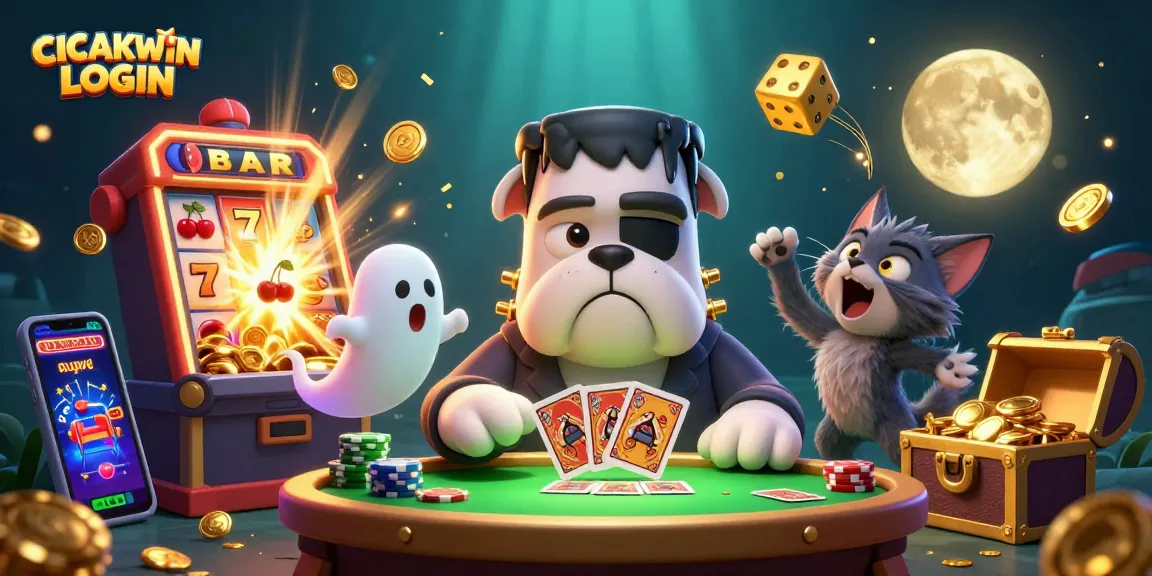 Engage in thrilling gameplay with CICAKWIN LOGIN as characters deal cards at a spooky table surrounded by jackpot explosions.