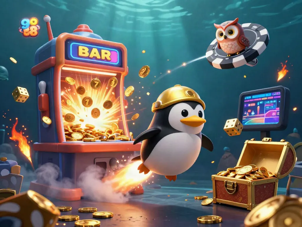 Experience the excitement of go 88 with a golden penguin flying towards a sparkling casino adventure.