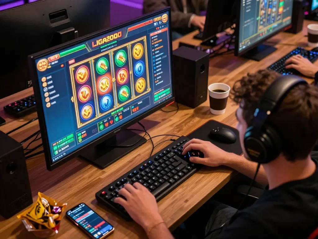 Engaging moment of LIGA2000 online gaming with player using laptop and snacks nearby