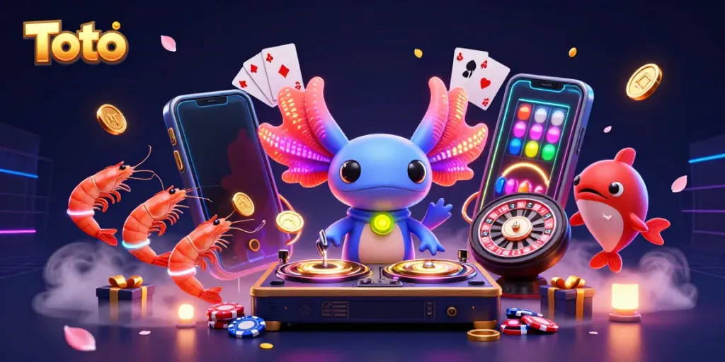 Raih kemenangan dengan Toto di permainan kasino, dikelilingi oleh DJ dan karakter unik dalam ilustrasi 3D.