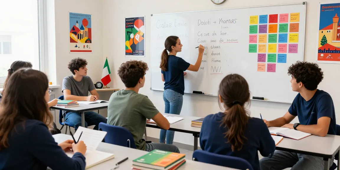 Students learning Italian language concepts in a vibrant classroom, featuring interactive activities to enhance their skills.
