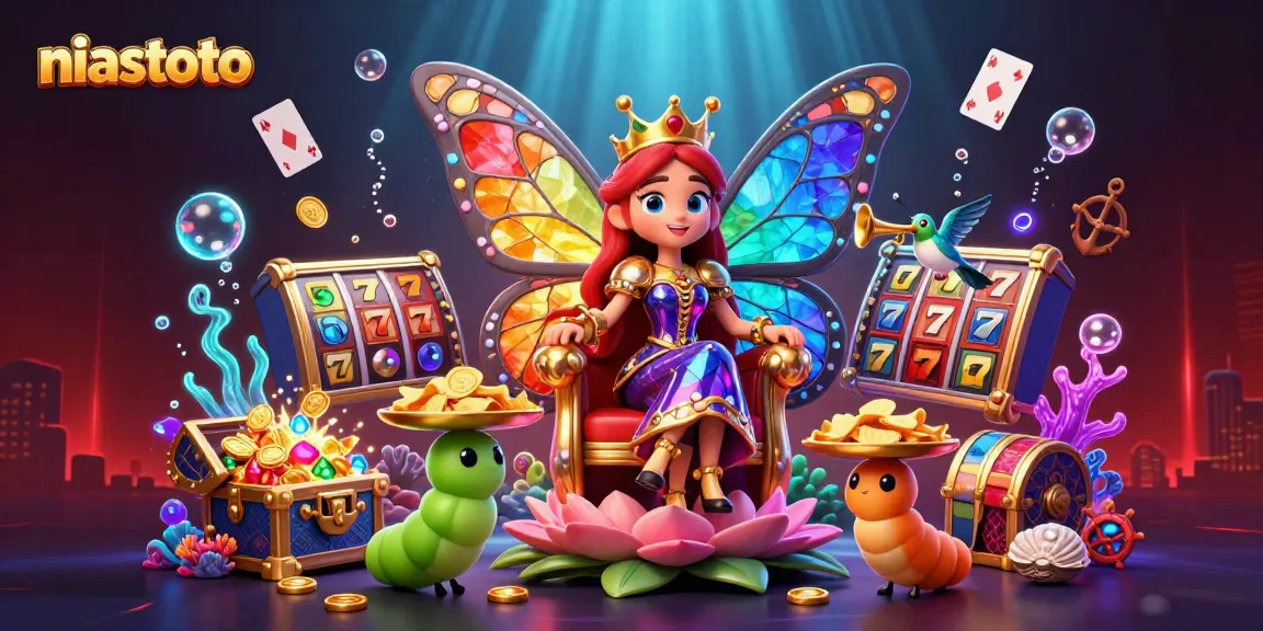 Immerse in the vibrant niastoto casino scene featuring a butterfly queen amidst slots and treasure.