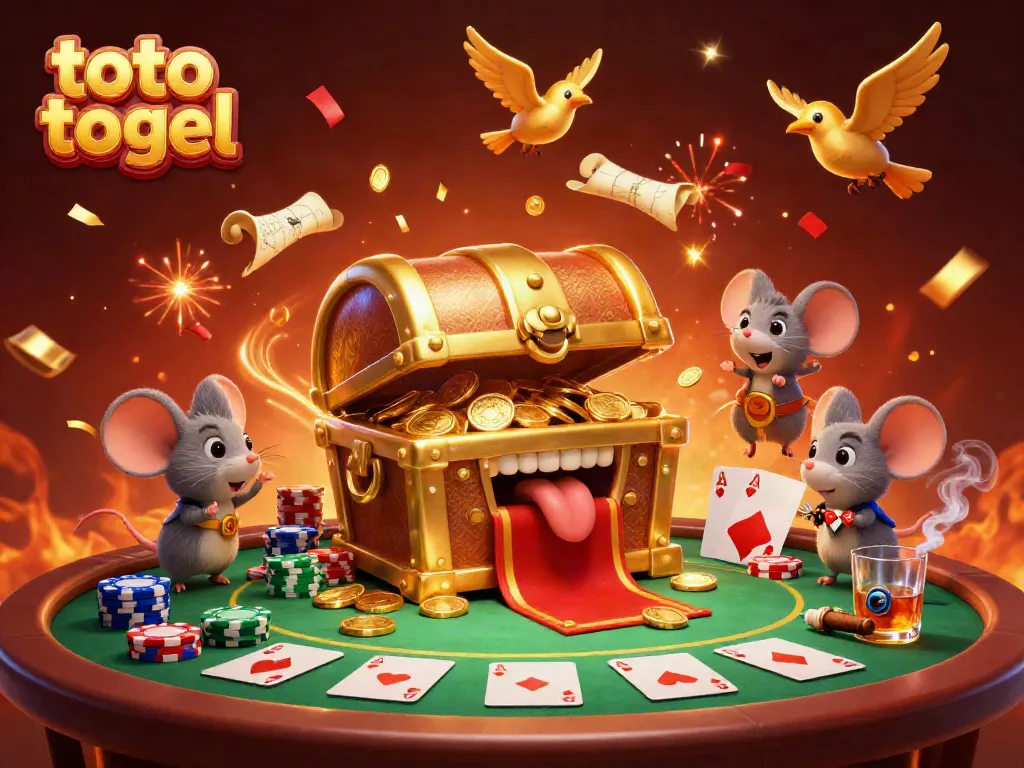 Experience the thrill of toto togel with a vibrant 3D illustration featuring a treasure chest and poker elements.