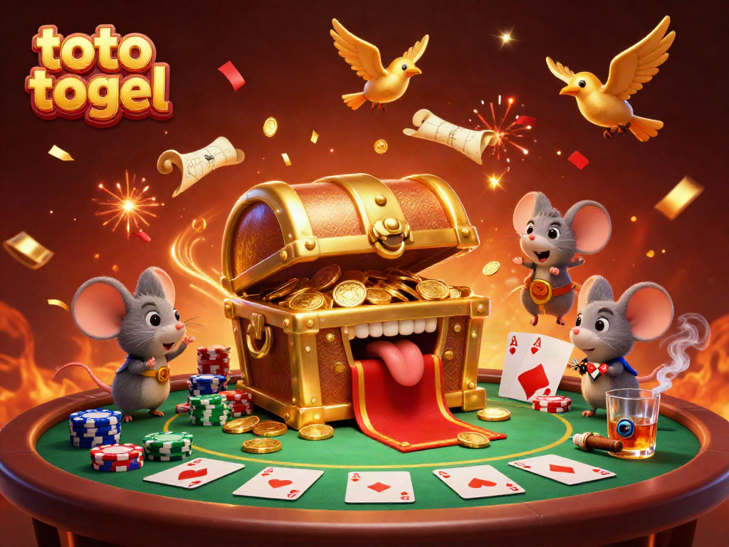 Experience the thrill of toto togel with a vibrant 3D illustration featuring a treasure chest and poker elements.