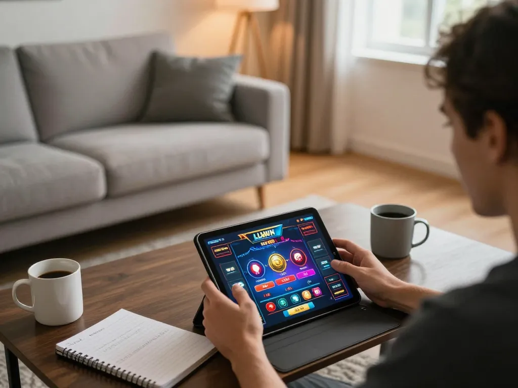 Engaging with LLWIN casino app on tablet in a cozy setup, blending home comfort and gaming excitement