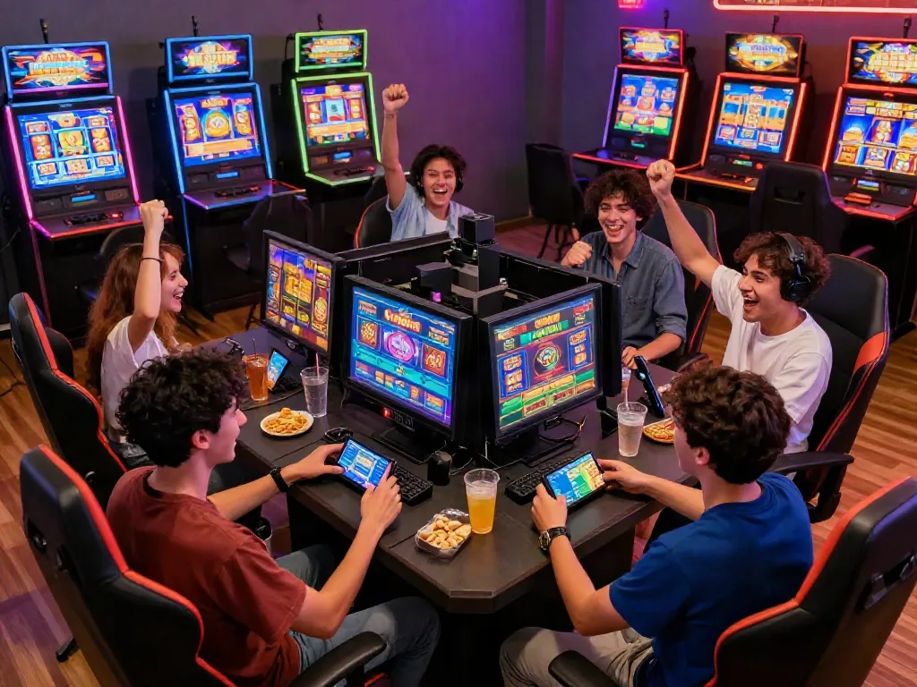 Players enjoying slot gacor games in a lively gaming atmosphere with colorful visuals.