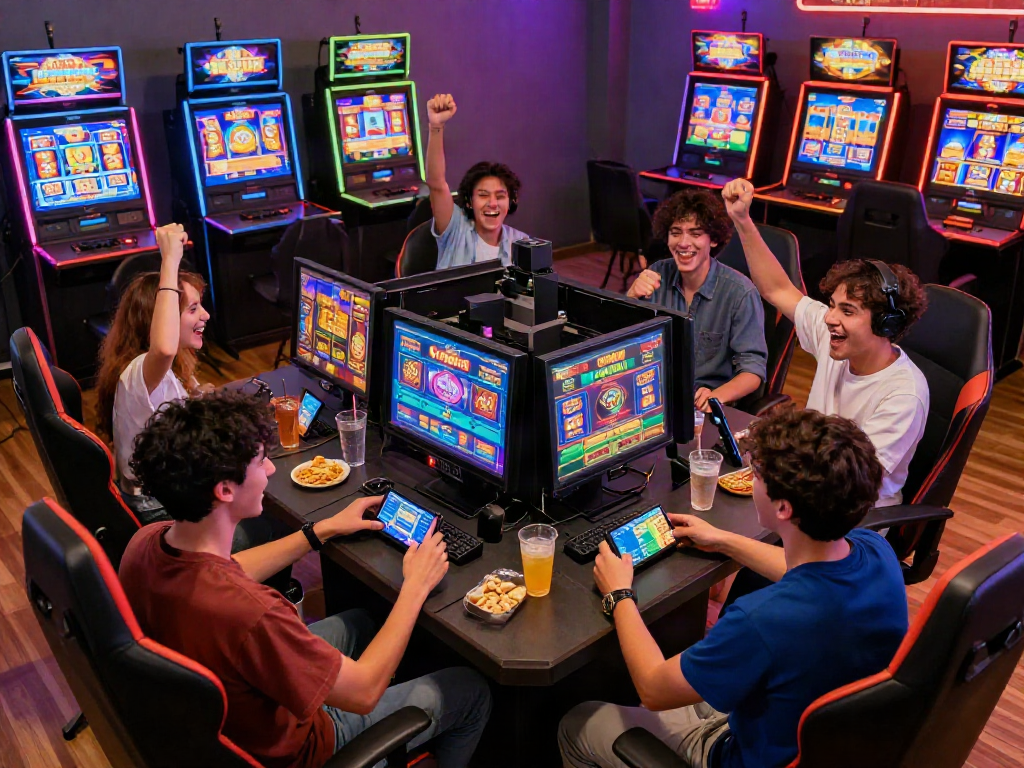 Players enjoying slot gacor games in a lively gaming atmosphere with colorful visuals.