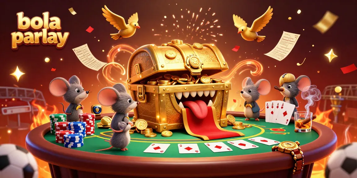 Menghadap bola parlay, peti harta karun emas menggoda pemain dengan taruhan olahraga, chip poker berwarna-warni dan konfeti pasti memanjakan suasana.