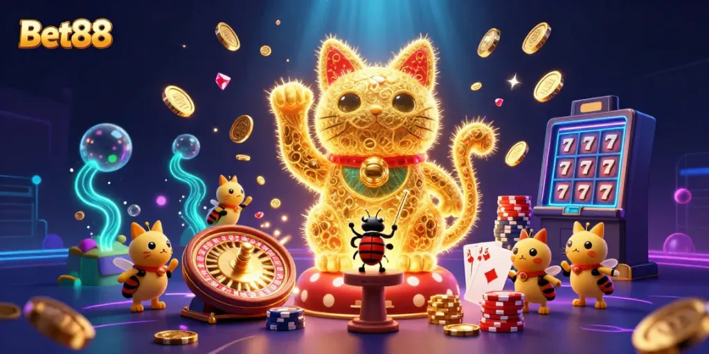 Engage with Bet88 through a vibrant illustration of a giant lucky cat and casino symbols amidst a spectacle of lights.