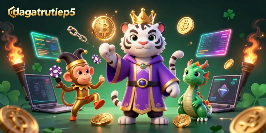 Engage in immersive experiences at dagatructiep5 featuring a cartoon white tiger, jester monkey, and dynamic casino elements.