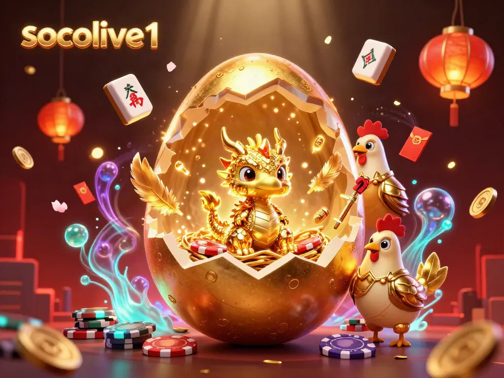 Socolive1 showcases a golden dragon guarding poker chips amidst festive casino elements.
