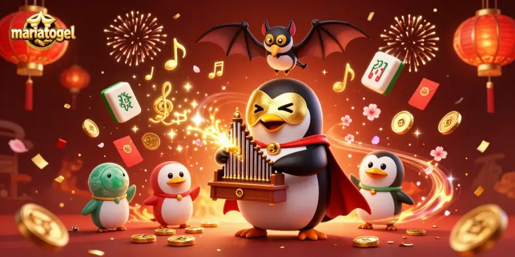 Experience excitement at mariatogel with a 3D cartoon illustration of a penguin playing an organ that shoots coins.