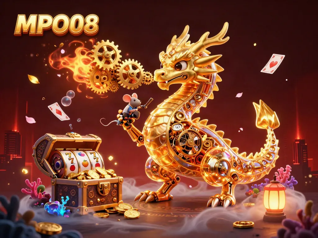 MPO08 showcases a golden dragon amidst casino elements, representing thrilling online gaming.
