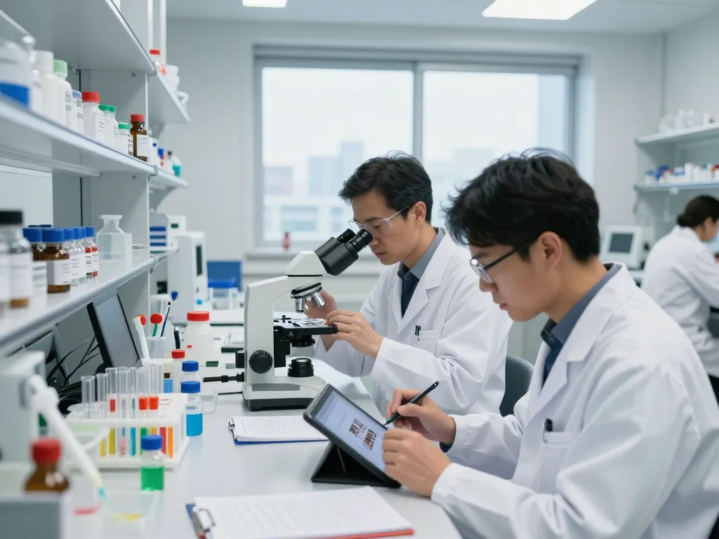 Researchers analyzing MB66 film technology in a modern lab environment.
