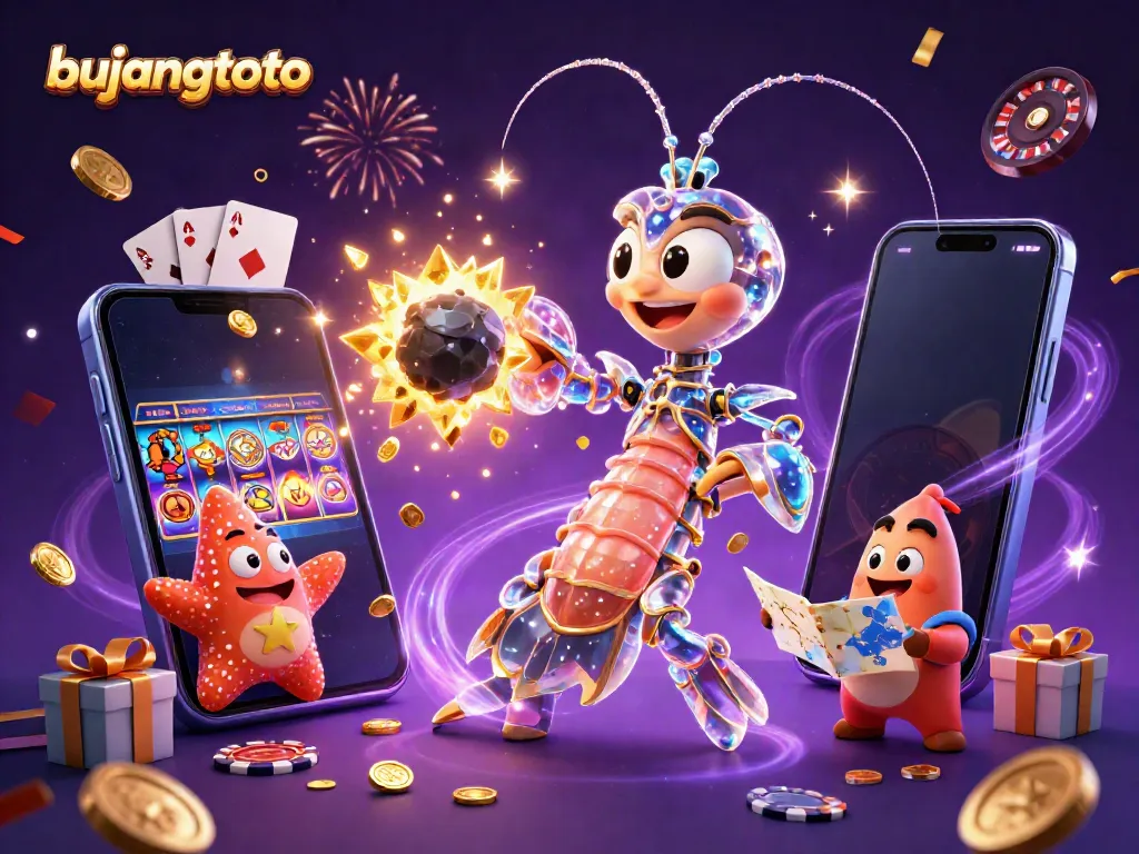 Bujangtoto offers thrilling gambling experiences as a galactic samurai mantis shrimp bursts through an asteroid, showering gems and coins.