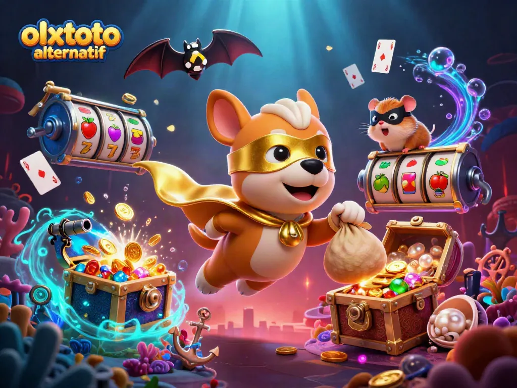 Engage with the exciting olxtoto alternatif experience as a cartoon superhero dog flies through a vibrant casino scene.