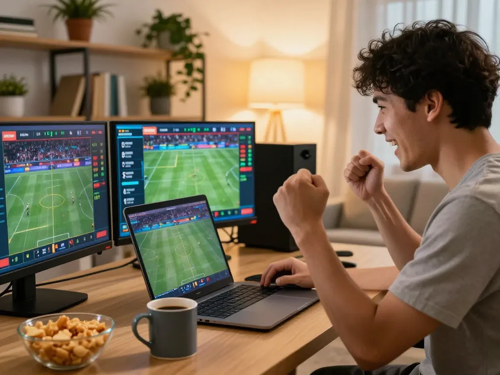 Person celebrating a win while using LGOGOAL for online sports betting in a cozy home environment.