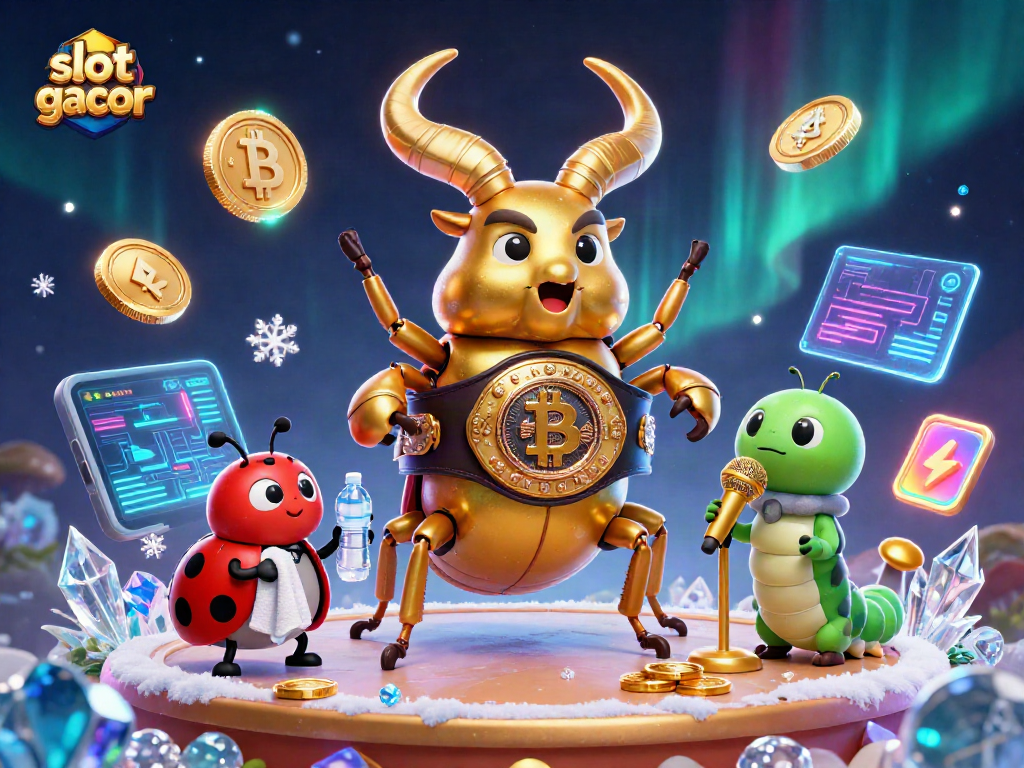 Engaging scene of a slot gacor match with vibrant characters, crypto coins, and casino elements.