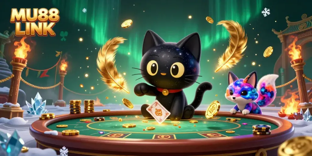 Engage with MU88 LINK in a vibrant cosmic casino scene full of characters and gambling elements.