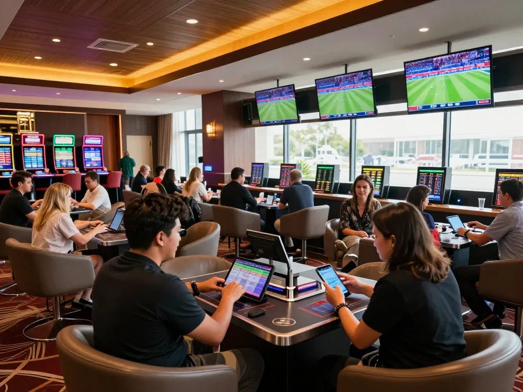 LGO99 patrons excitedly placing bets at a stylish sports betting lounge in a vibrant casino