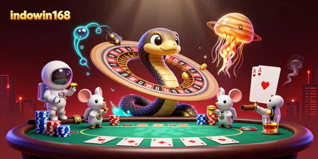 Place bets on indowin168 with this vibrant cosmic casino illustration featuring a roulette wheel.