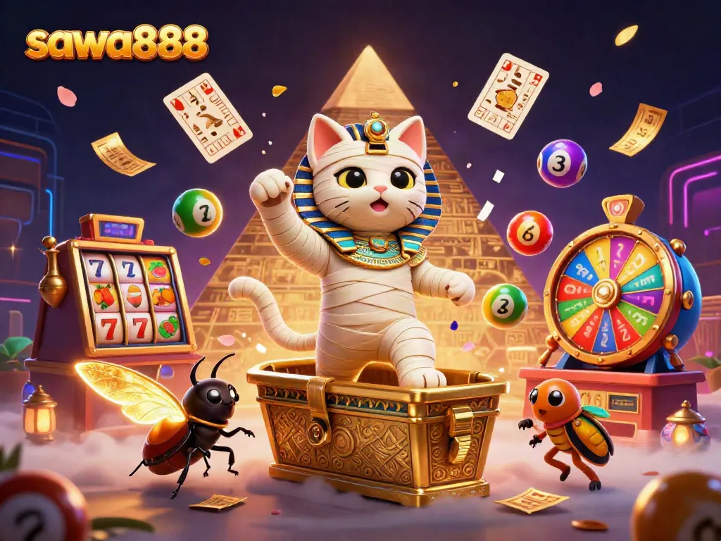 Engage with sawa888 in this animated scene of an Egyptian mummy cat amidst vibrant slot games and glowing elements.