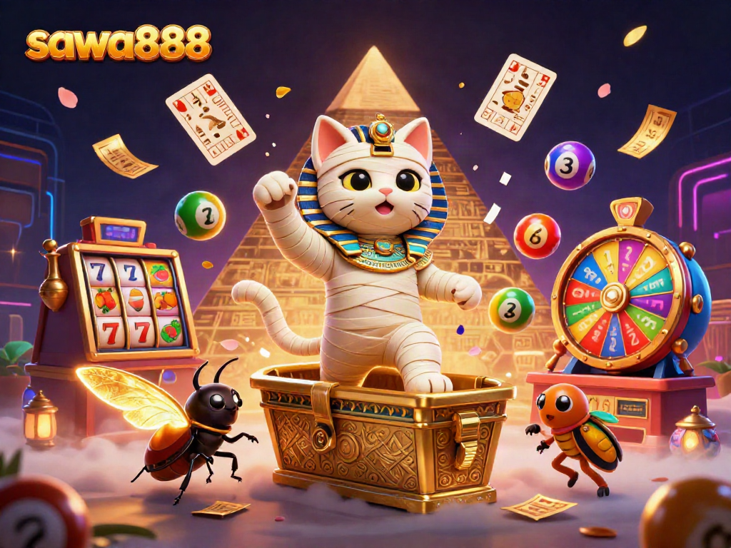 Engage with sawa888 in this animated scene of an Egyptian mummy cat amidst vibrant slot games and glowing elements.