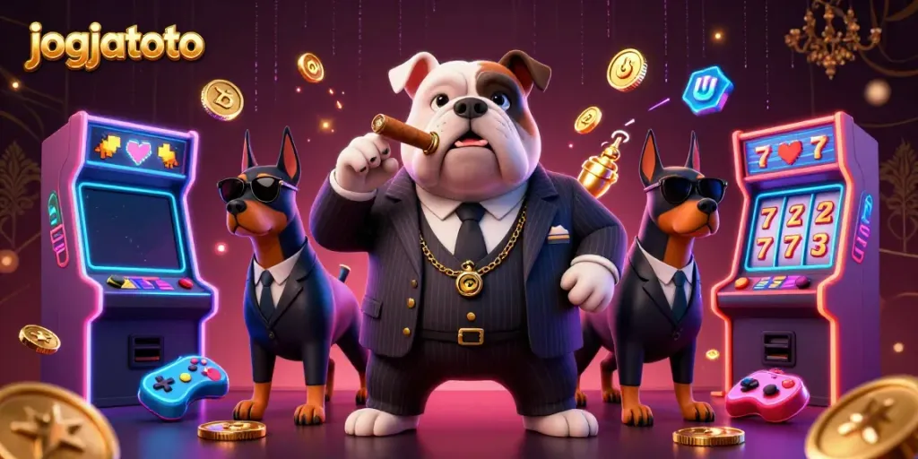 Experience the vibrant excitement of jogjatoto with a mafia boss bulldog and bodyguard Dobermans in a casino scene.