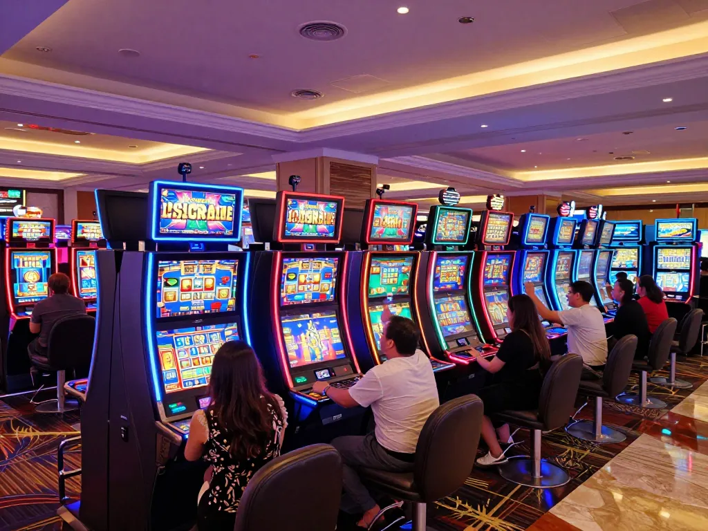 Players enjoying vibrant slot machines at UGDEWA casino, celebrating wins in a lively atmosphere