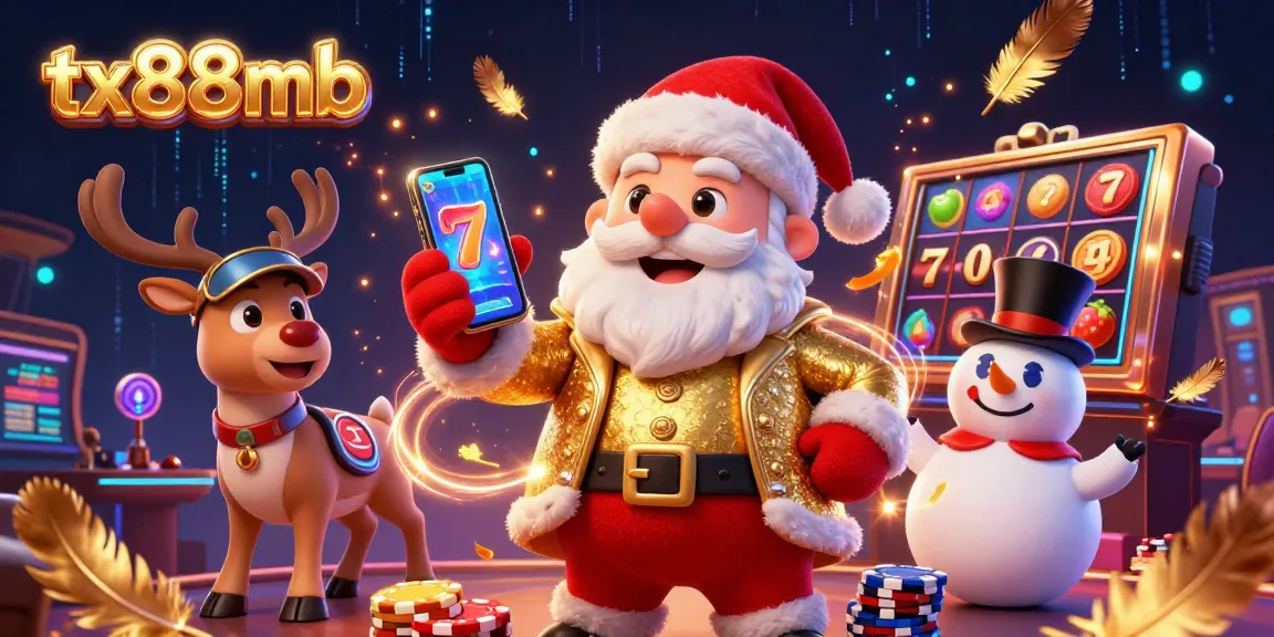 Engaging casino scene featuring tx88mb with Santa, reindeer, and snowman around slot reels.