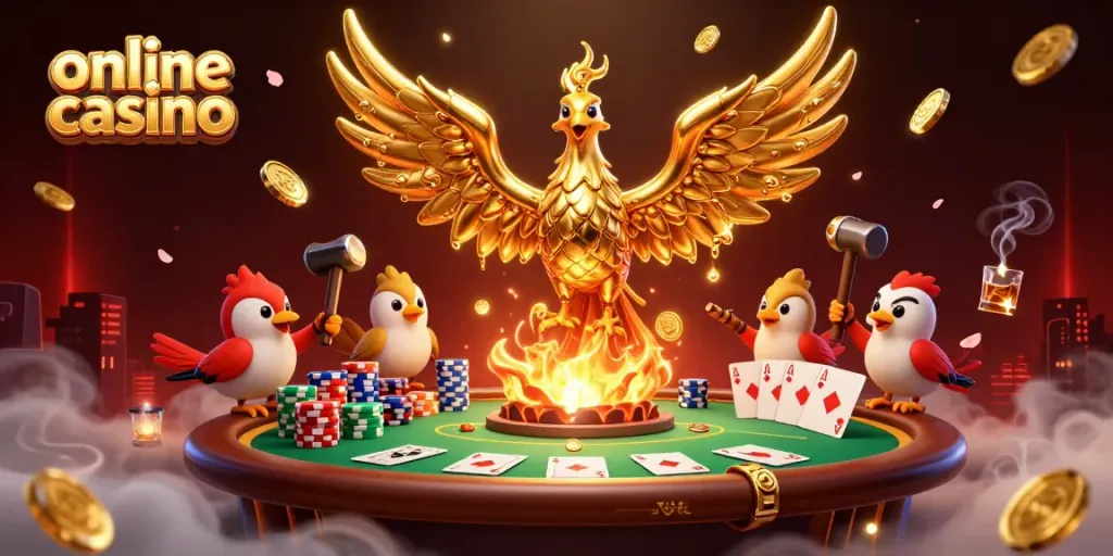 Experience the excitement of online casino gaming with vibrant, detailed illustration featuring a golden phoenix emerging from a forge.