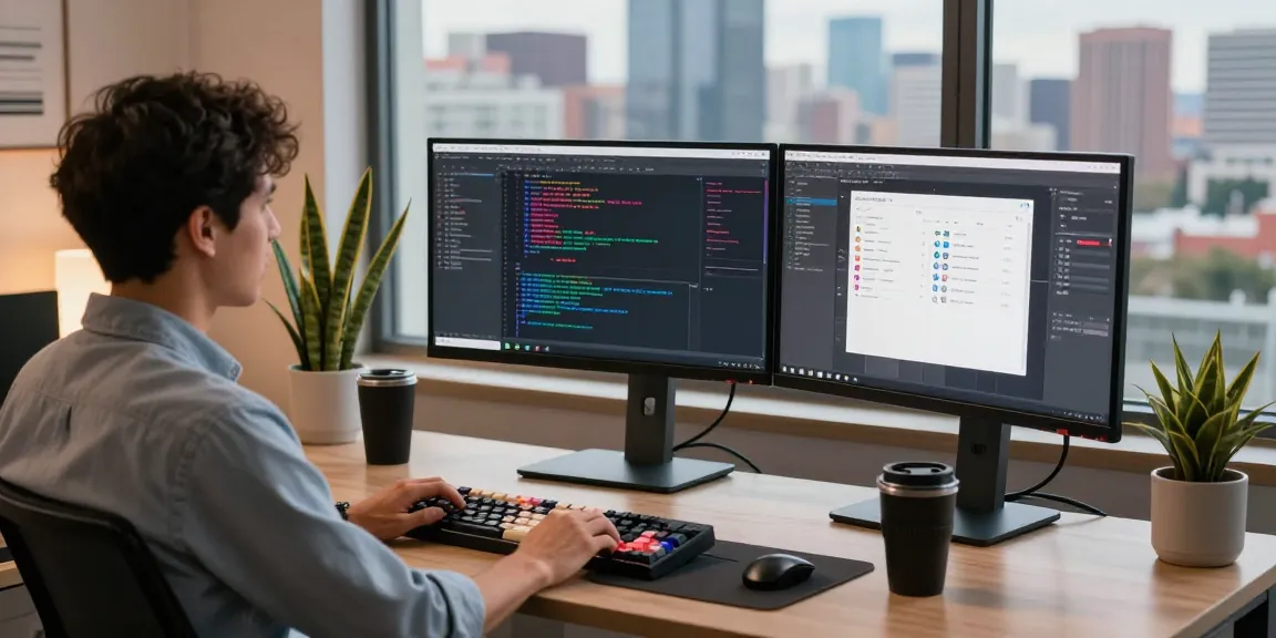 Developer bekerja di ruang kerja modern dengan SGA33 pada layar, suasana tenang dan produktif.