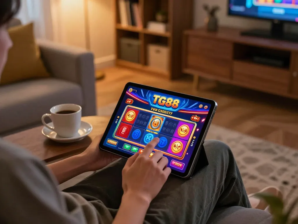 Player enjoying tg88 casino app on tablet in cozy home setup, emphasizing strategic online gaming.