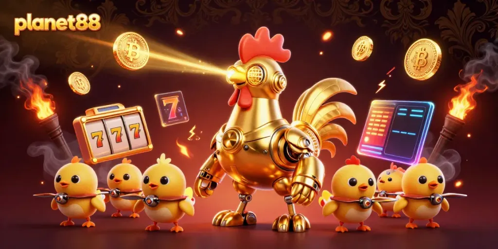 Engage with thrilling slot games at planet88, featuring a vibrant casino setup with neon coins and lively characters.