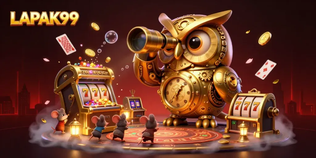 Experience thrilling gameplay at LAPAK99 with our vibrant 3D casino illustrated scene featuring classic elements.
