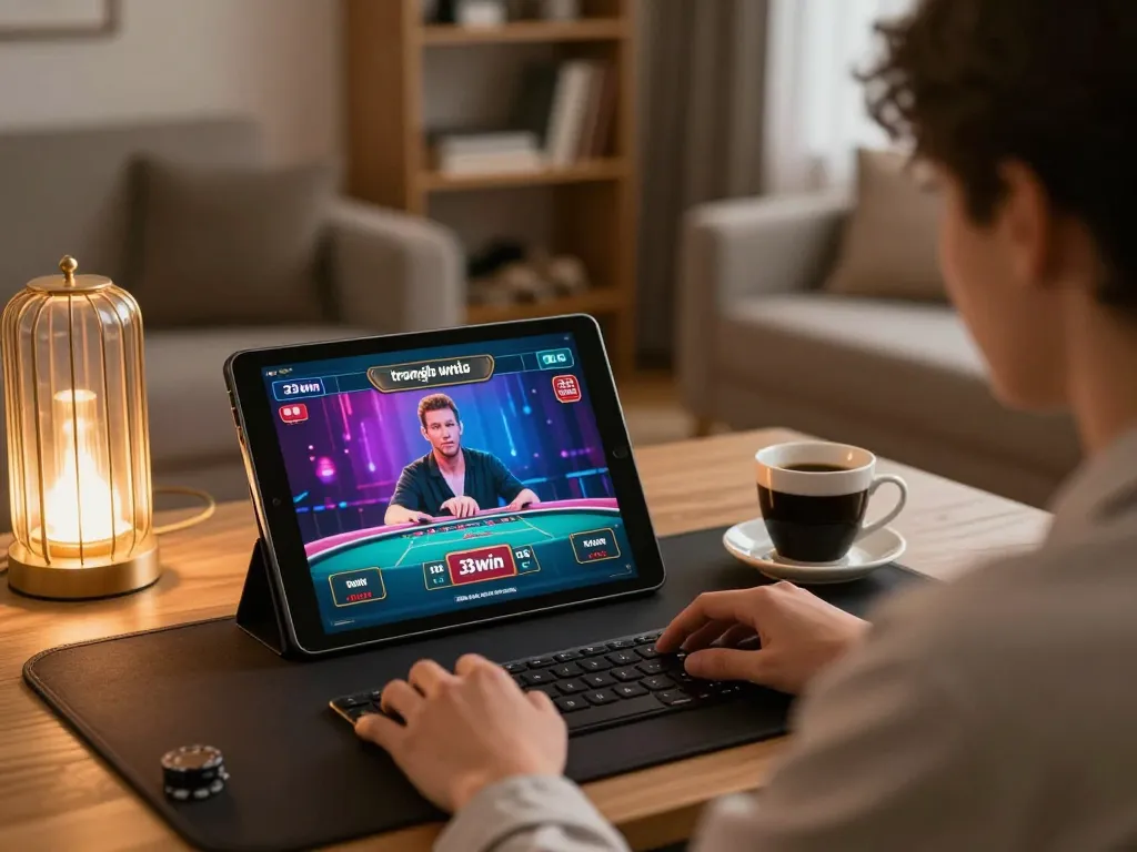 Engaging in live dealer games on trang chủ 33win, showcasing a cozy gaming atmosphere.