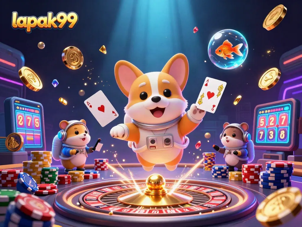 Engage with lapak99: A dynamic space casino scene featuring unique cartoon characters and vibrant gaming elements.