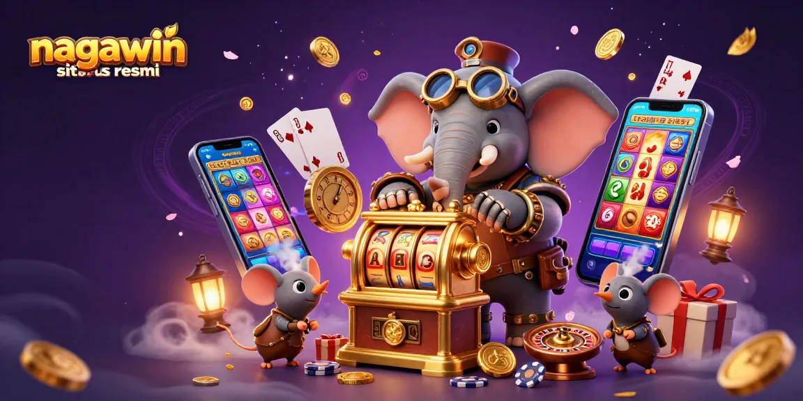 Spin the golden slot machine with the steampunk elephant engineer at nagawin situs resmi, surrounded by vibrant casino elements.
