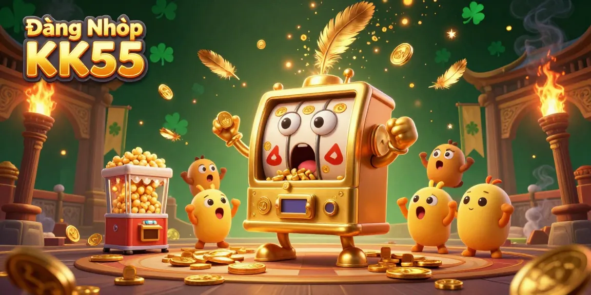 Engage in the thrilling action of Đăng Nhập KK55 with a golden slot machine hitting its jackpot amidst cheering machines.