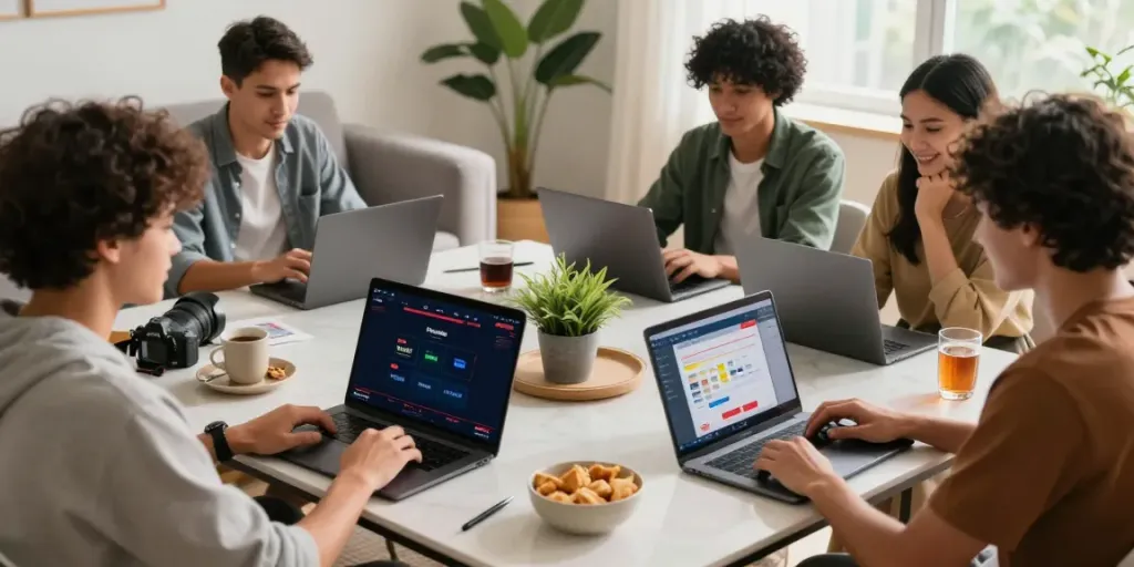 Friends enjoying a lively online gambling game with Unsurtoto platform on laptops and snacks in a cozy setting.